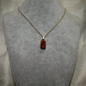 Polished Brown Natural Stone Pendant Necklace on Gold Chain